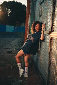 Stylish woman with curly hair posing casually against a chain link fence during twilight.