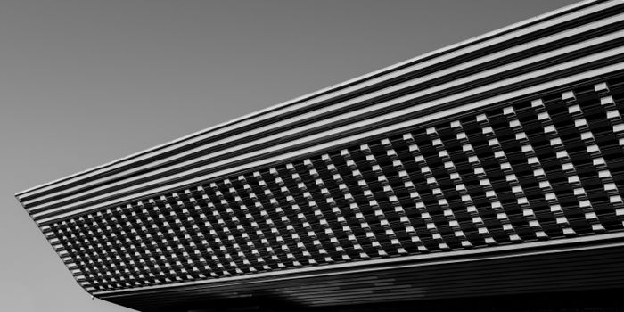 Black and white photo of a futuristic architectural facade in Almaty, Kazakhstan.