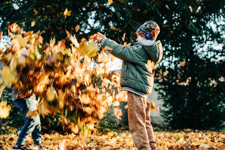 Children Playing With Golden Leaves In Park