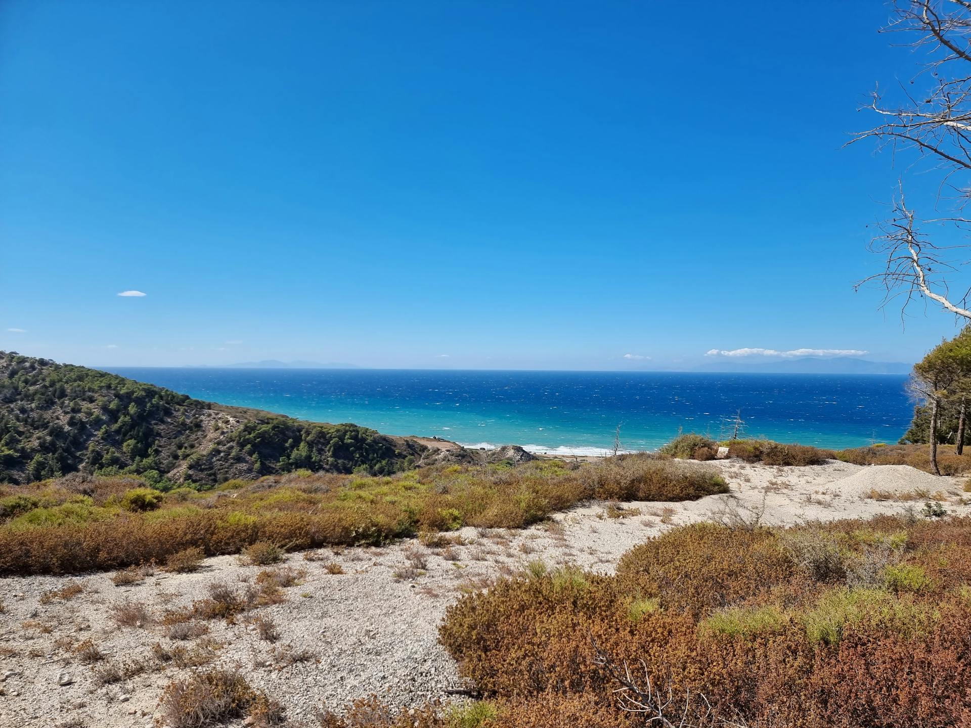 Stunning coastal landscape of Rhodes, Greece with clear blue skies and lush greenery.