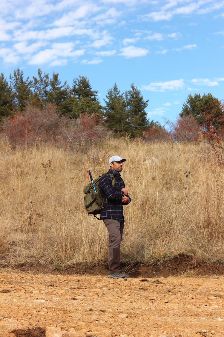 Man With A Backpack On A Field 