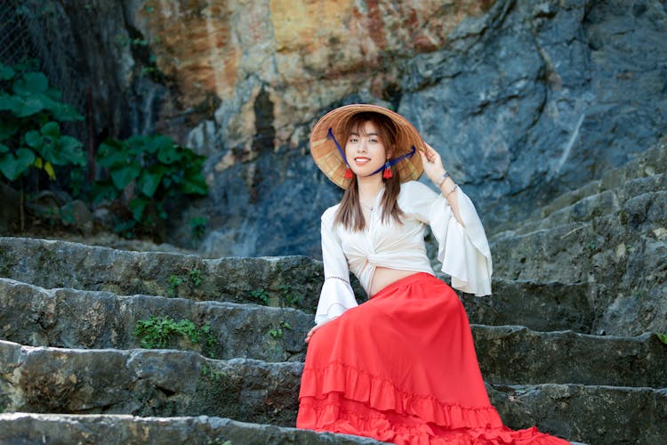 Beautiful Woman Sitting On Steps