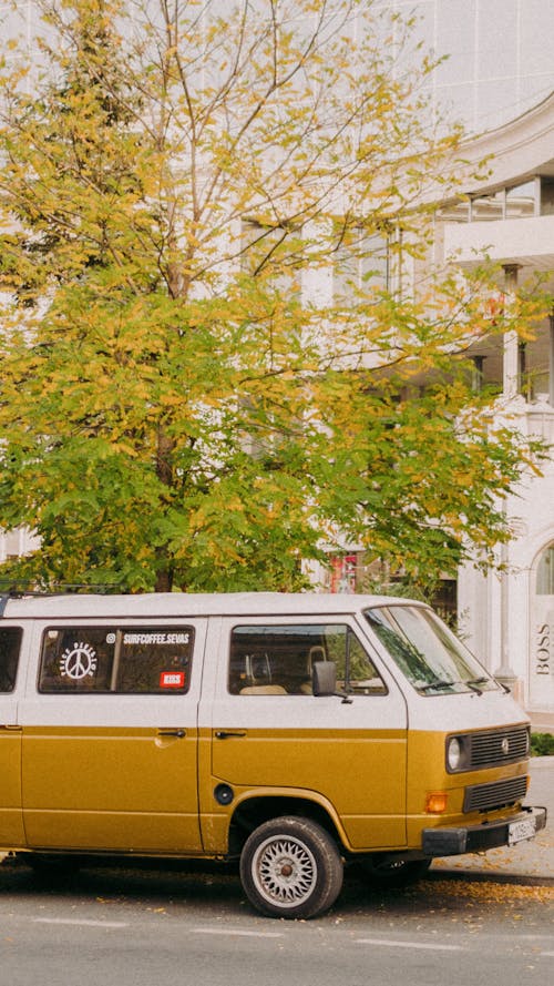 Yellow Van Parked Near Green Tree on the Side of the Road