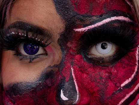 Dramatic close-up of Halloween SFX makeup with detailed face painting and colored contacts.