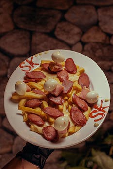 A mouthwatering plate of fries topped with sausages and boiled quail eggs.