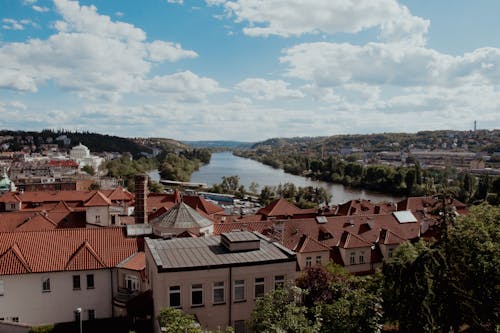 Aerial View of the Vltava River and Houses in Prague, Czech Republic