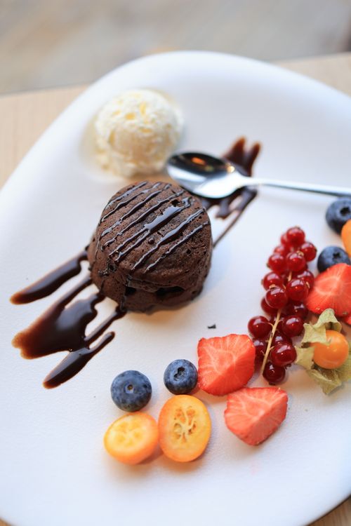Free Delicious chocolate dessert with ice cream and fresh fruits on a elegant plate. Stock Photo