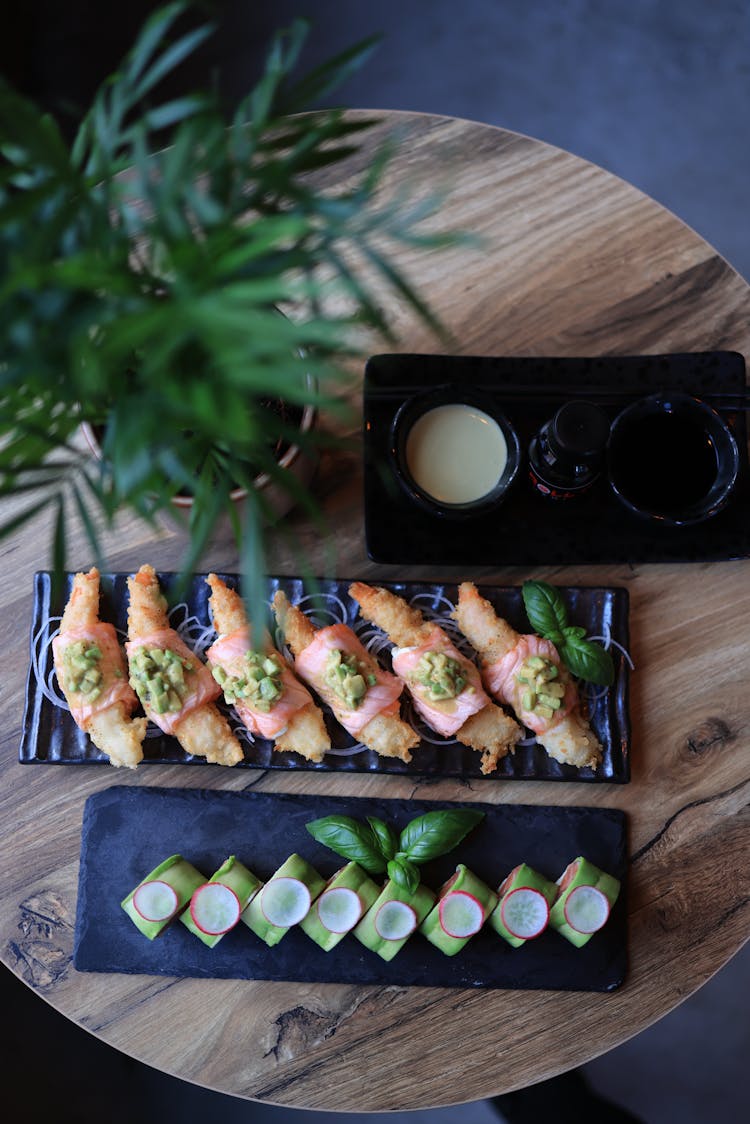 Sushi Snacks On Wooden Table