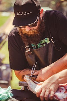 Bearded man in apron prepping meat on outdoor grill, summer day.
