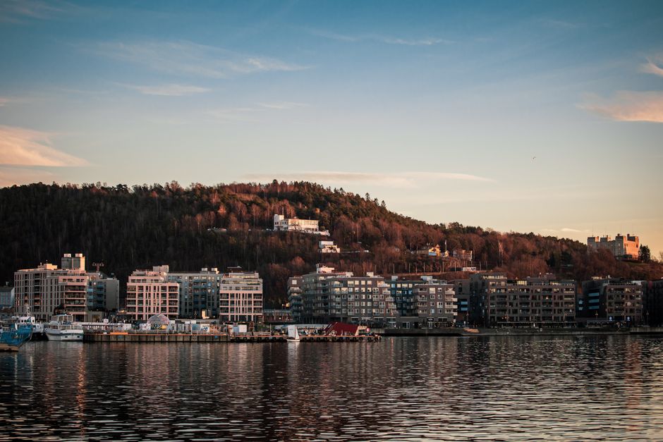 Urban skyline of Oslo with waterfront and hill in sunset light.
