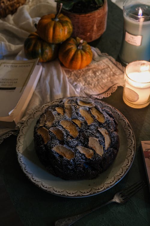 Chocolate Cake on Blue and White Plate