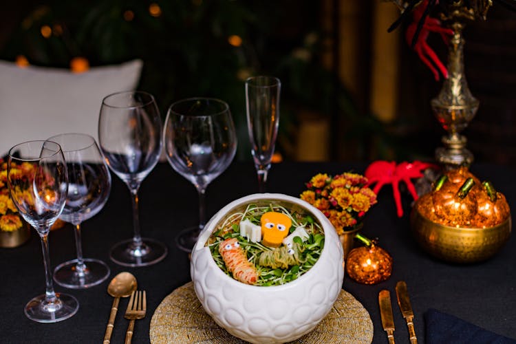 Pasta In Bowl On Table In Restaurant