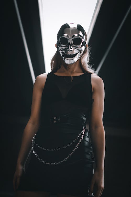 Woman in a Black Outfit and a Mask