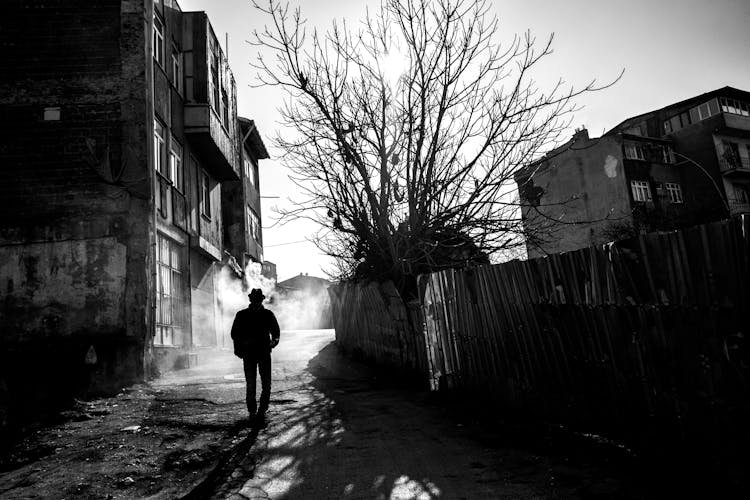 Back View Of Man Silhouette On City Street