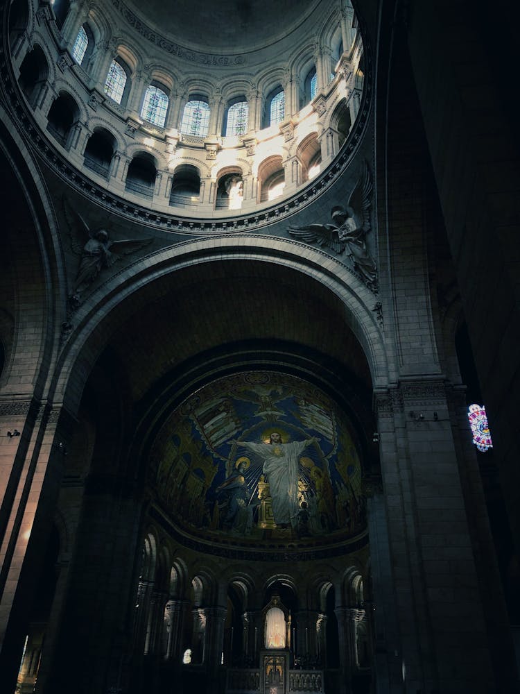 Dark Interior Of Sacre-Coeur Basilica In Paris, France