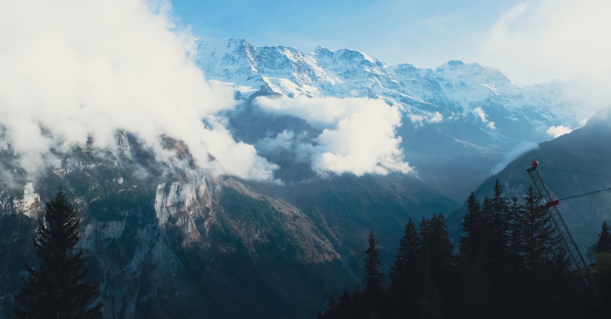 A breathtaking view of snowy mountain peaks partially shrouded in clouds with pine trees in the fore