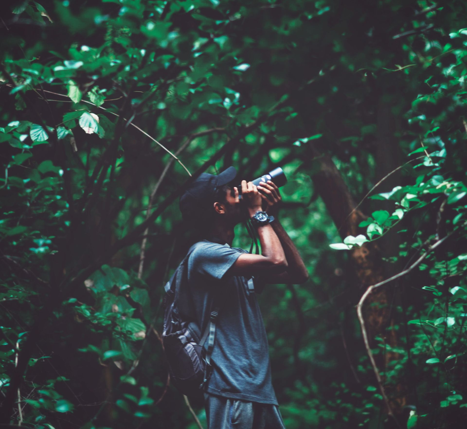 An adventurer captures nature's beauty with a camera in a lush Mumbai forest.