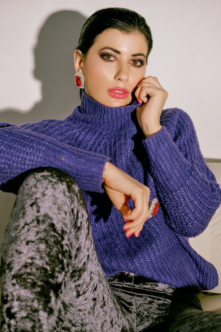 Woman Wearing A Violet Turtleneck Sweater