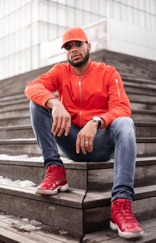 Fashionable man in red jacket and cap sitting on steps in NYC, embodying urban style.