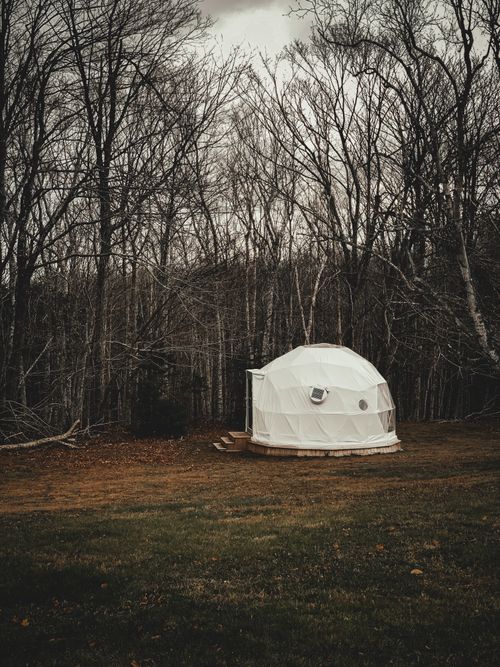 Free A geodesic dome tent set against a leafless winter forest, offering a rustic camping experience. Stock Photo