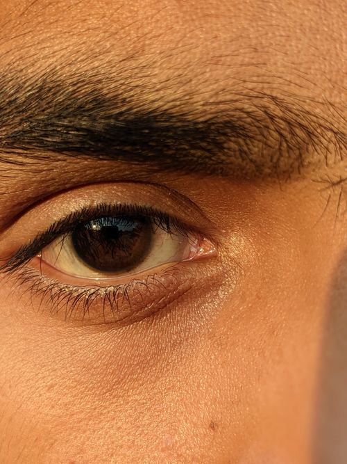 Free Detailed close-up photo of a human brown eye in natural sunlight, showcasing texture and natural hues. Stock Photo