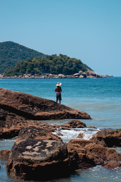 Back View of a Person Standing on a Rocky Shore under Clear, Blue Sky 