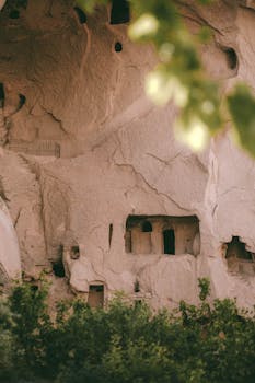 Explore the historic cave formations of Cappadocia, Turkey, nestled in a lush landscape.