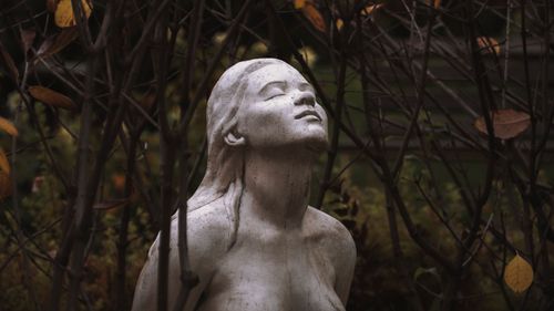 Free A serene stone sculpture of a woman surrounded by autumn branches in a park. Stock Photo