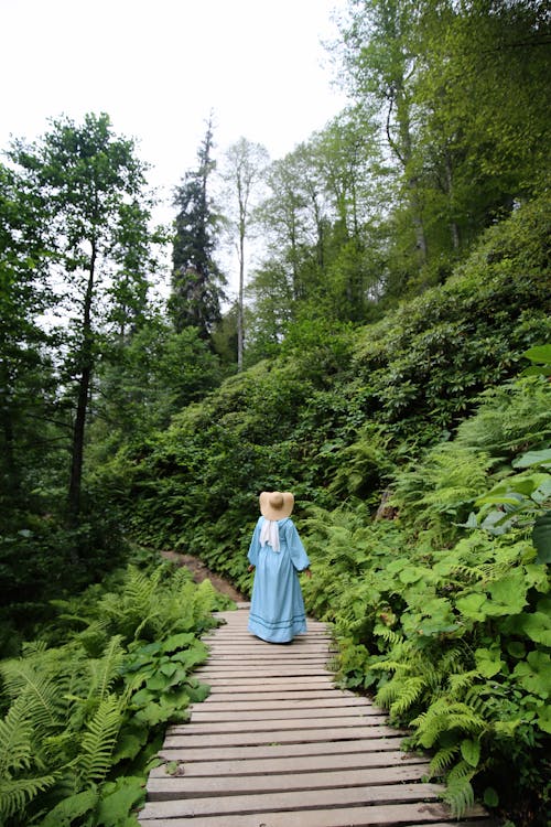 Woman in Blue Dress Walking on Wooden Pathway Surrounded by Green Trees