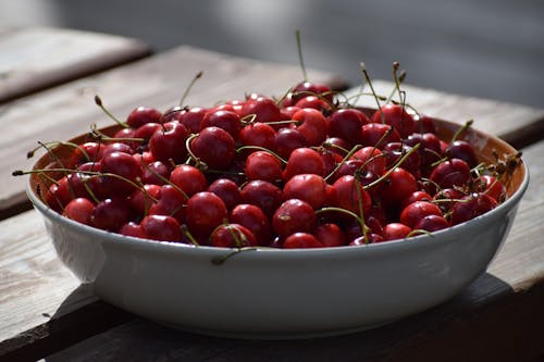 Close-Up Shot of Fresh Cherries on Ceramic Bowl