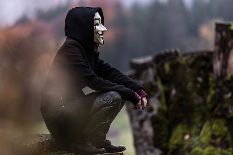 Person wearing a Guy Fawkes mask and hoodie sitting outdoors in forest setting. Dark, enigmatic atmosphere.