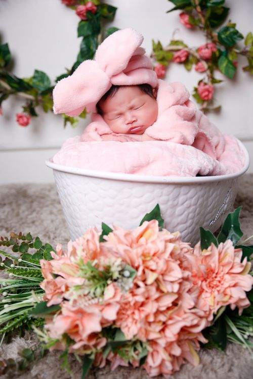 Free Sweet baby resting in a basket with pink floral arrangement, perfect for nursery decor. Stock Photo