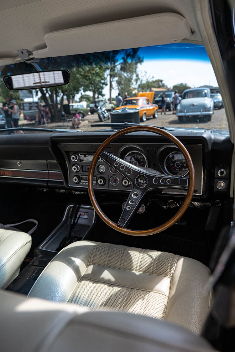 Black And Brown Steering Wheel In A Car