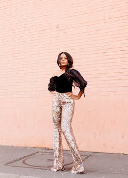 Stylish woman in sequin trousers posing against pink wall in NYC.
