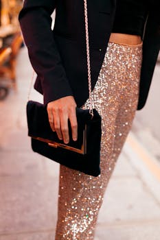 Elegant woman in glamorous outfit holding a velvet handbag on a New York City street.