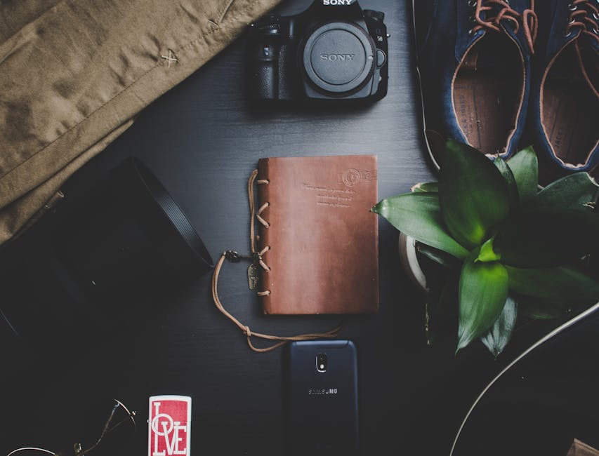 Flatlay featuring travel essentials including a camera, notebook, smartphone, and plant on a dark surface. - The Portable Washing Machine and Spin Dryer for Apartments and RV Camping