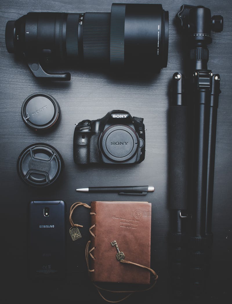 Vintage camera collection displayed on wooden shelf