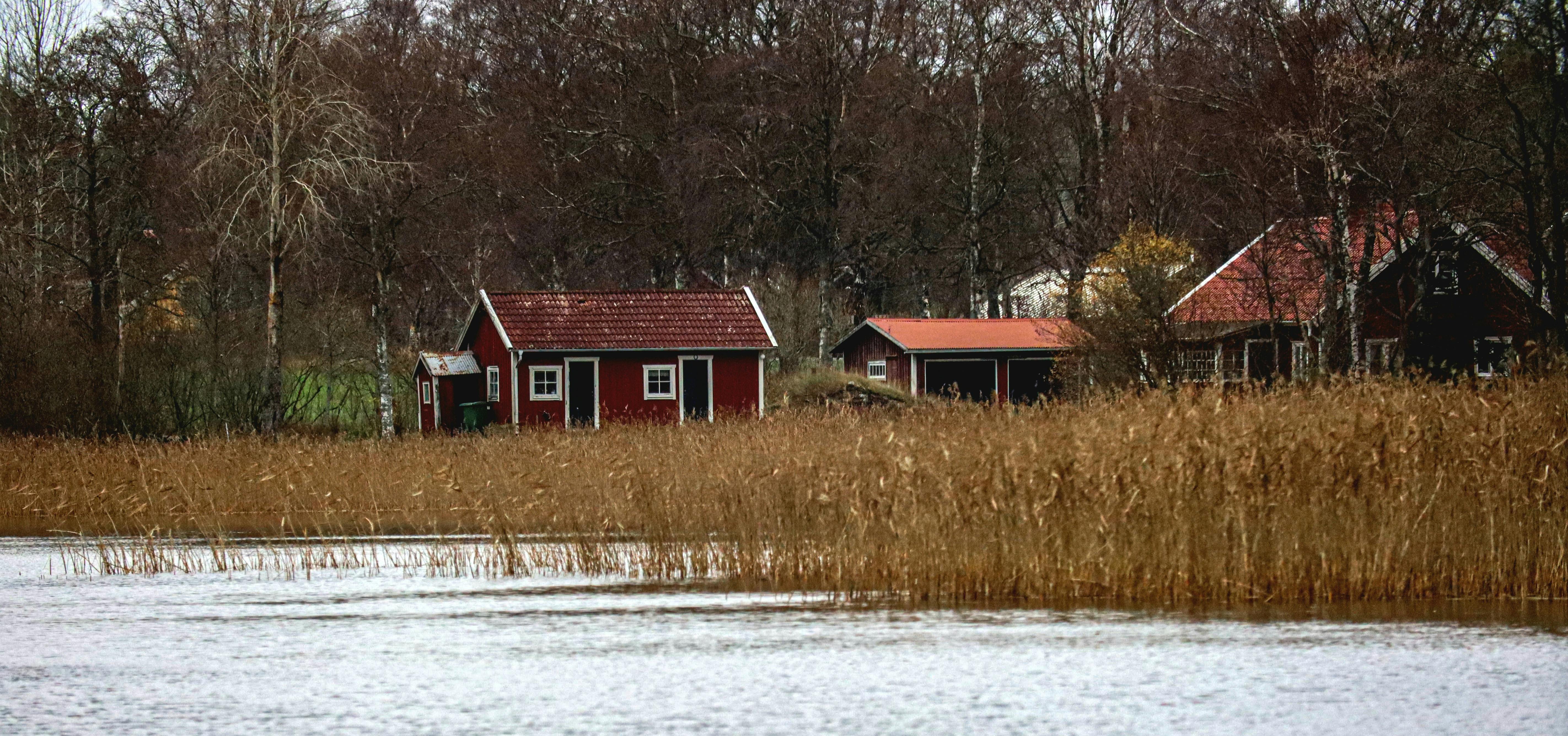 Serene view of red cottages by a lake with autumn trees in Axamo, Sweden.