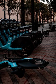 A line of Bird scooters parked on a city sidewalk during the evening hours.