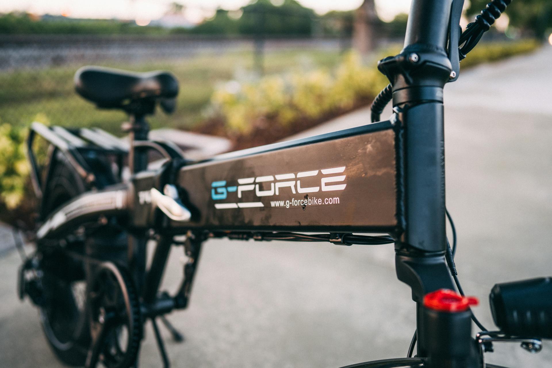 Detailed view of a G-Force electric bike frame on a sunny day.