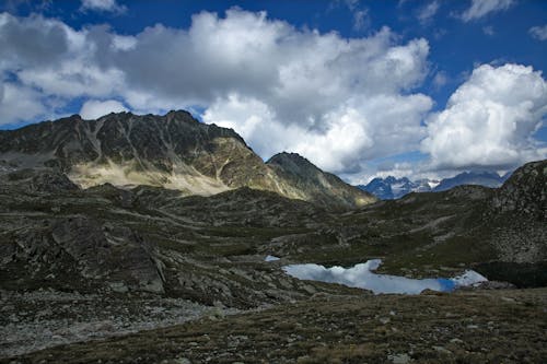 An Aerial Photography of a Lake Between Mountains Under the Blue Sky and White Clouds