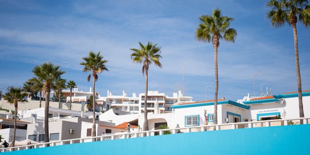 Bright Albufeira beachfront with charming houses and tall palm trees under a clear blue sky.