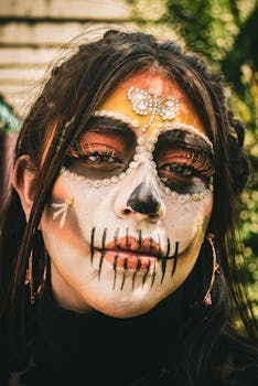 Close-up portrait of a woman with intricate Day of the Dead face paint, outdoors.