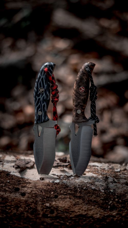 Free Two hunting knives with colorful handles placed outdoors on a log. Stock Photo