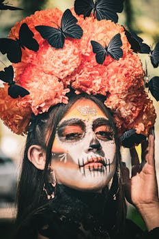 Close-up of a woman with Day of the Dead makeup and butterfly headdress, celebrating in vibrant colors outdoors.