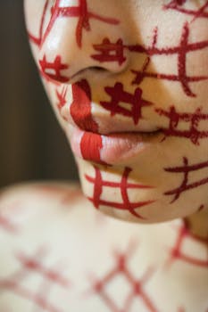 用红色艺术油漆装饰的脸部特写设计