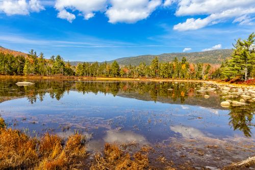 Free Beautiful autumn scenery of a calm lake in Lincoln, NH with vibrant fall foliage. Stock Photo