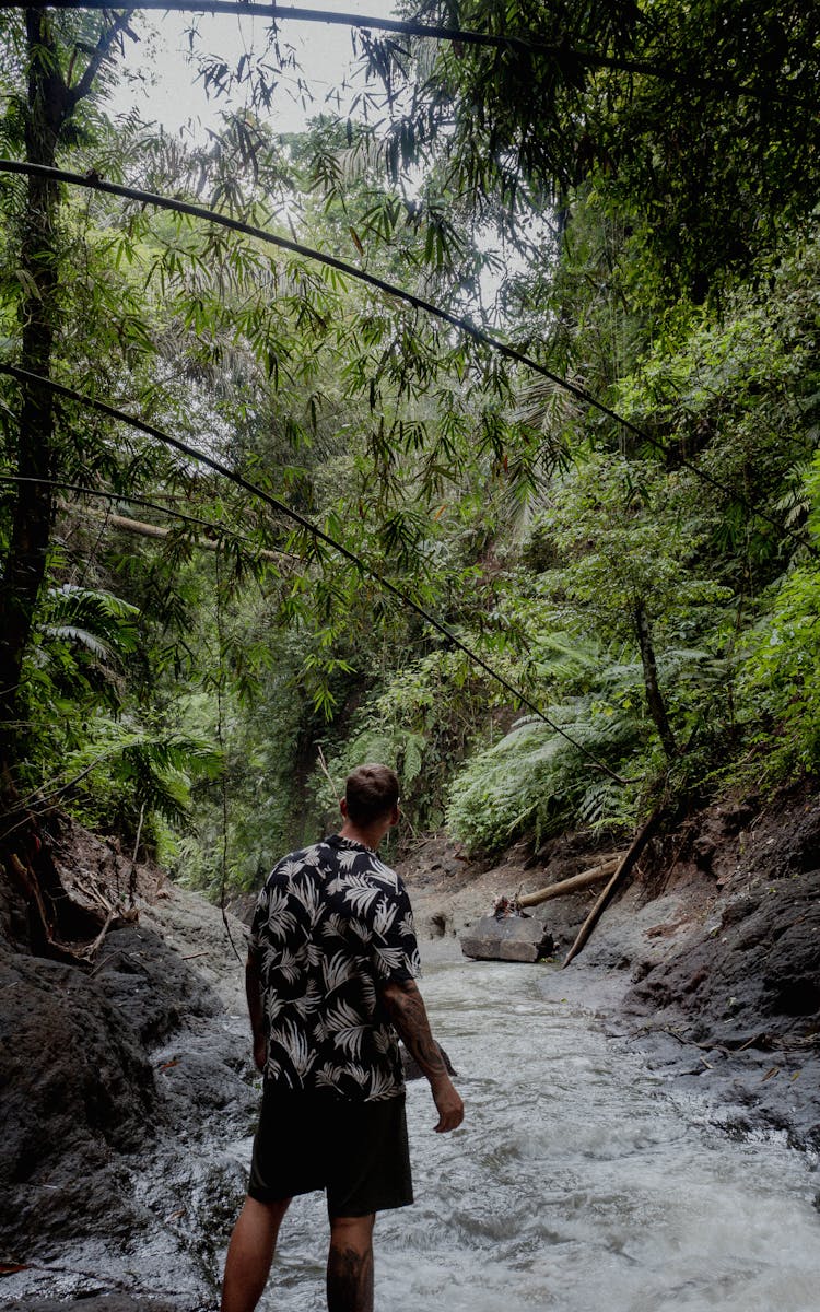 A Man In Printed Shirt Standing On The River Between Green Trees