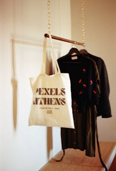 Artistic shot of clothes hanging in a store with a tote bag, creating a minimalist shopping vibe.