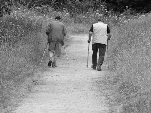Hikers with Trekking Poles Walking Along the Footpath